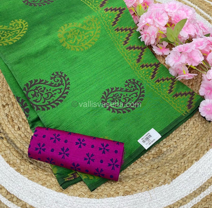 Poly Silk Mixed Printed Cotton - Green With Pink - VVPCP002