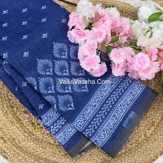 Linen Mixed Cotton Saree - Indigo Blue - Printed - VVLMP001
