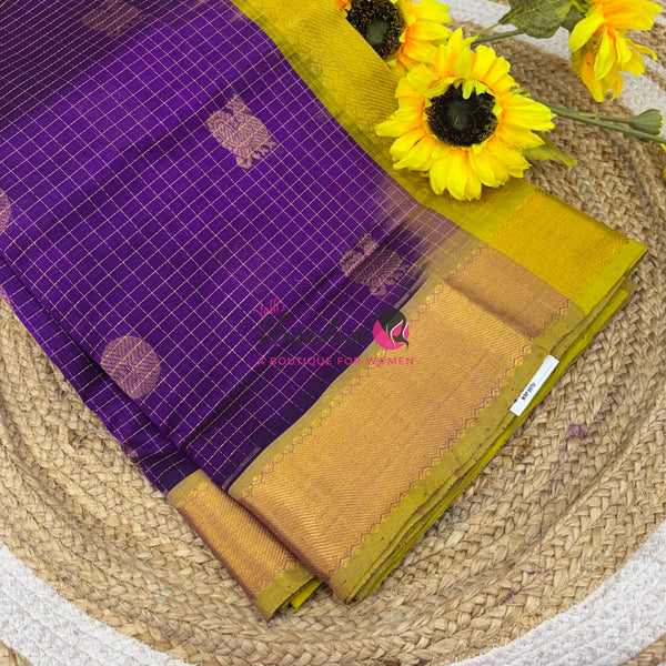 Pure Silk Cotton Saree - Mayil & Chakkaram Design - Purple With Yellow Green Shade -VVMC002