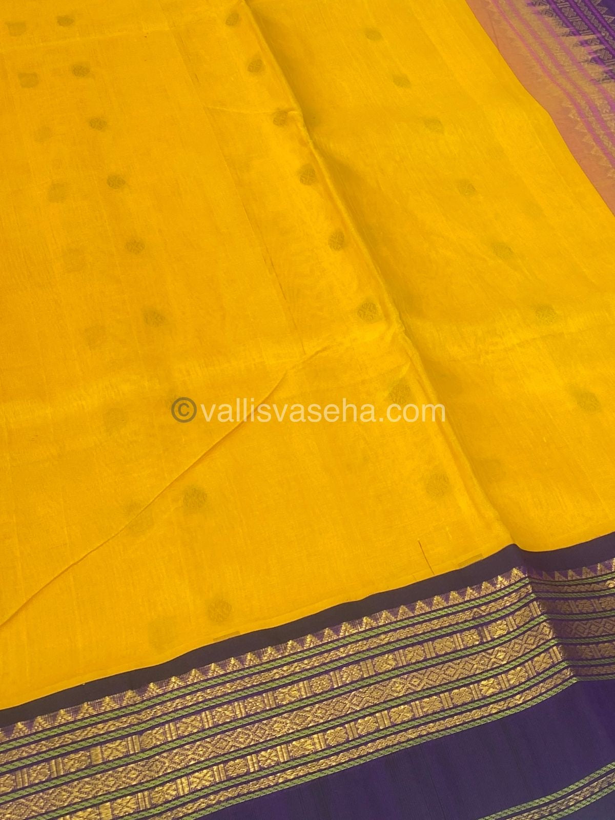 Pure Korvai Silk Cotton Saree - Yellow  with Blue - Retta Petta border - VVKSC004