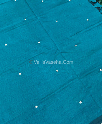 South Mixed Cotton - Mirror Work Embroidery - Blue With Greyish Cream- VVPCM002
