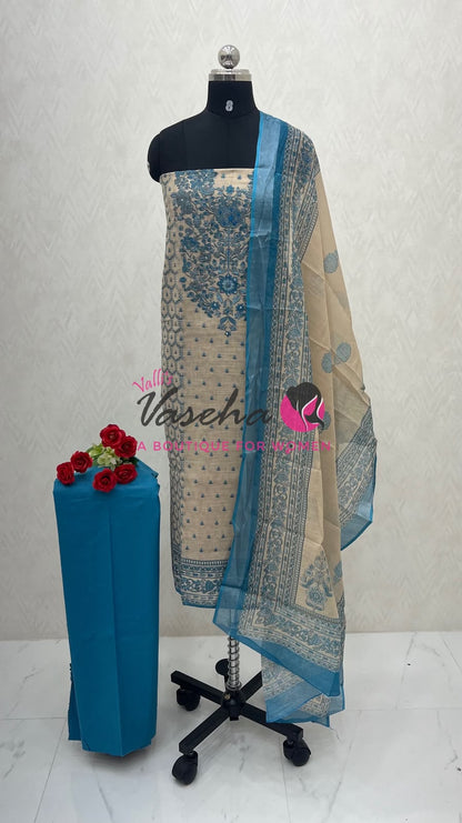 Unstitched Linen Material | Cream With Blue | VVUSM054