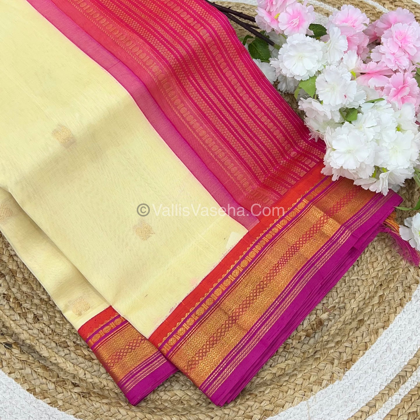 Pure Korvai Silk Cotton Saree - Brown with Peachish Pink - VVKSC004