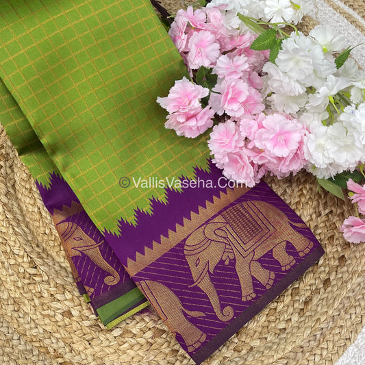 Semi Silk Saree - Kanchi Silk Style - Elephant Border - Green with Purple- VVSSS005