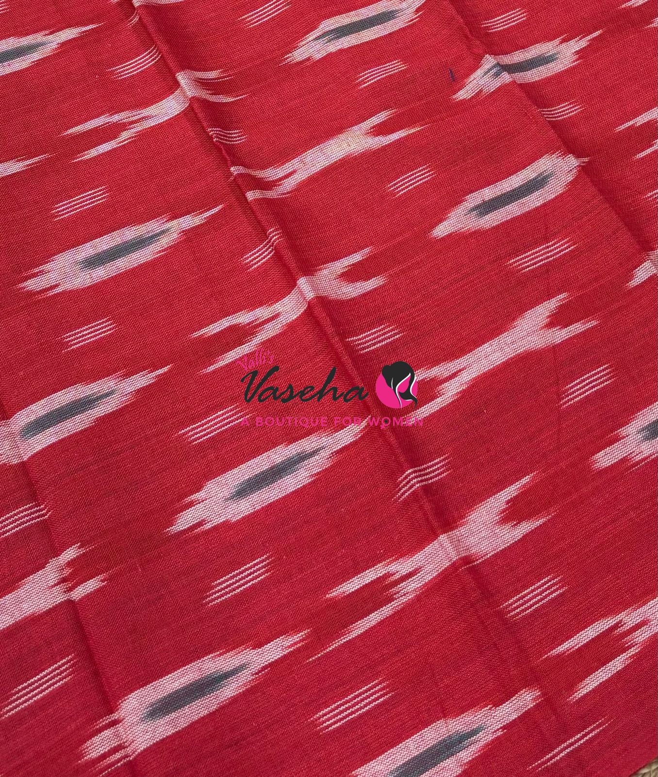 Double Ikkat Pure Cotton Saree -  Blue With Red  - VVIKS002