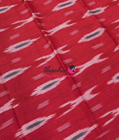 Double Ikkat Pure Cotton Saree -  Blue With Red  - VVIKS002