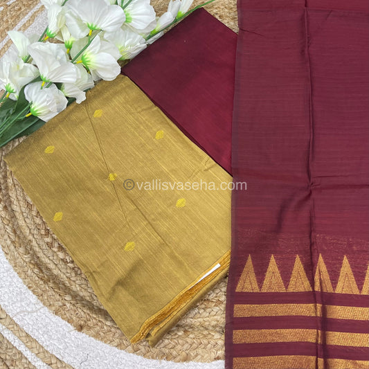 Unstitched Salwar Material -Raw Silk - Golden Yellow with Maroon Shade - VVUSM004