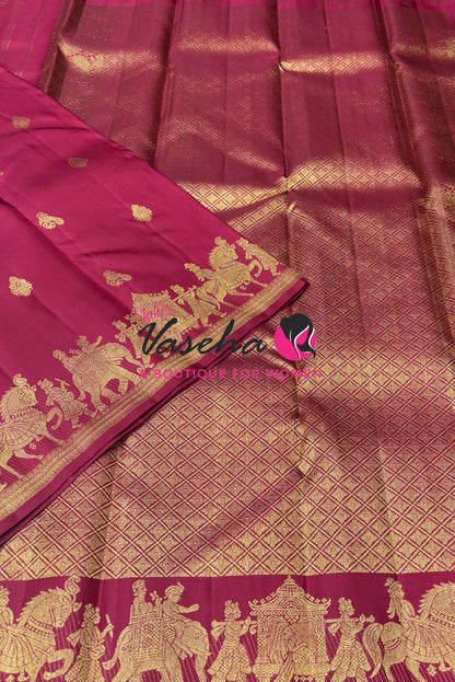 Pure Kanchipuram Silk Saree - Pallaku Design Self Border- Maroon Shade  - VVPS090
