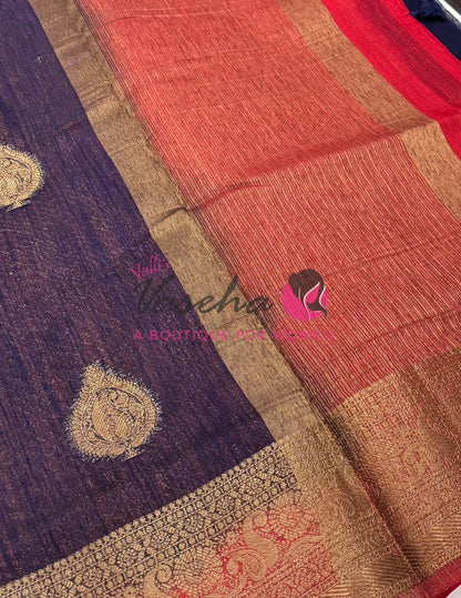 Bamboo Silk Saree- Blue with Red Shade - VVBSS013