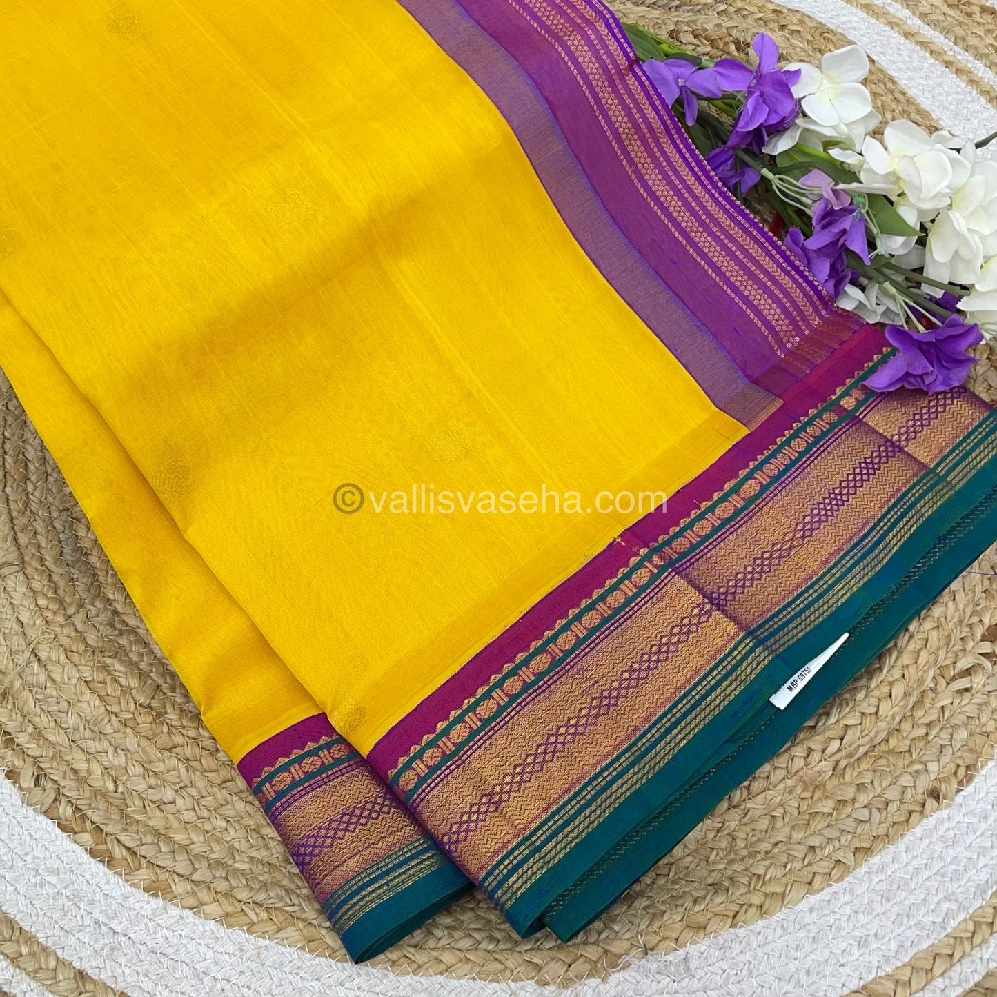 Pure Korvai Silk Cotton Saree - with Mango Yellow With  Purple Combo - VVKSC004