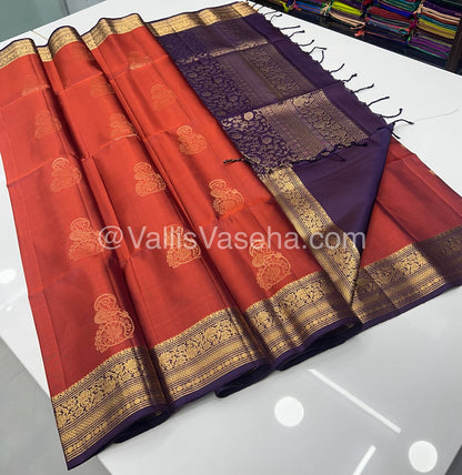 Pure Soft Silk Saree - Kanchi Border - Rust Orangish Brown & Dark Purple Combo - VVPSS046