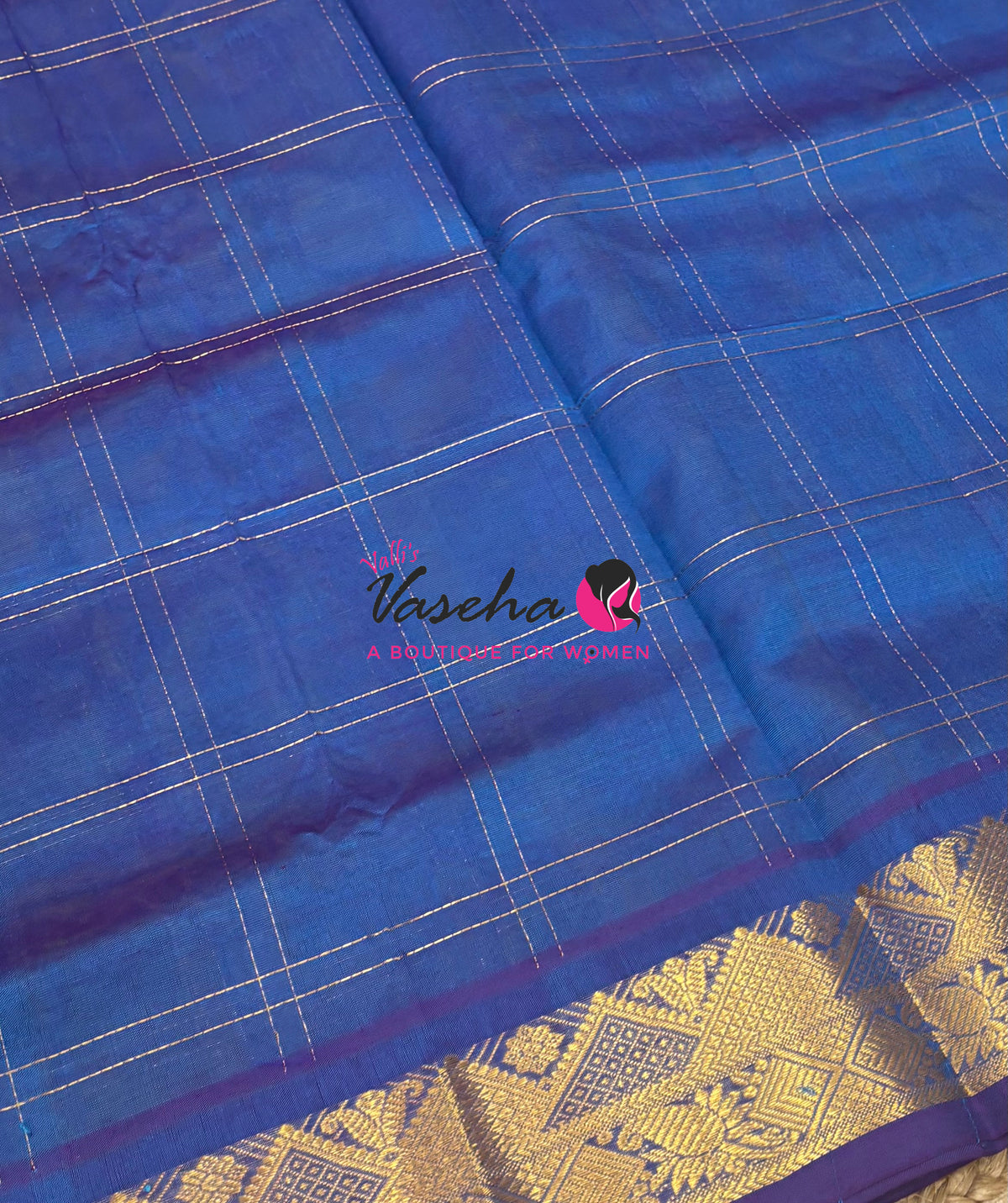 Pure Korvai Silk Cotton - Checks Pattern - Greenish Blue with Blue Shade  - VVKSC035