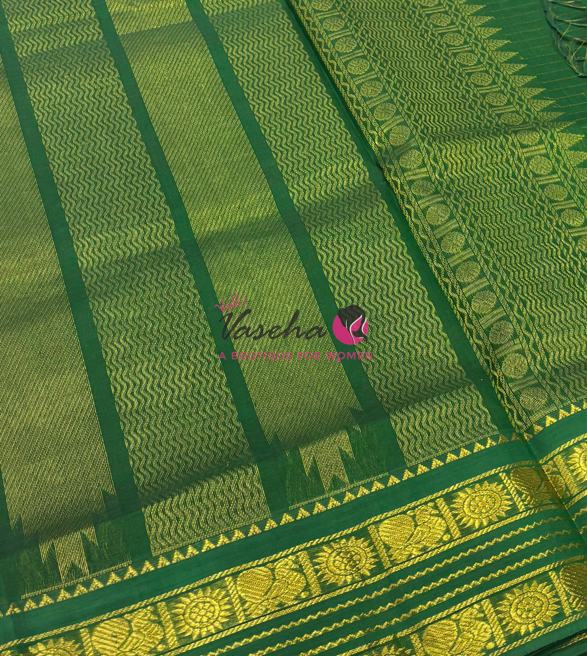 Pure Korvai Silk Cotton - Retta Petta Border - Peach With Green Combo - VVKSC010