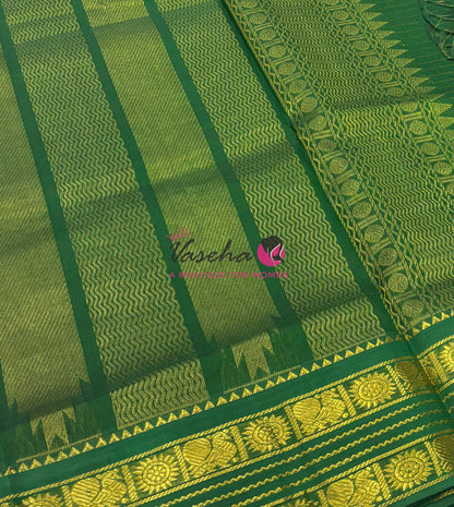 Pure Korvai Silk Cotton - Retta Petta Border - Peach With Green Combo - VVKSC010