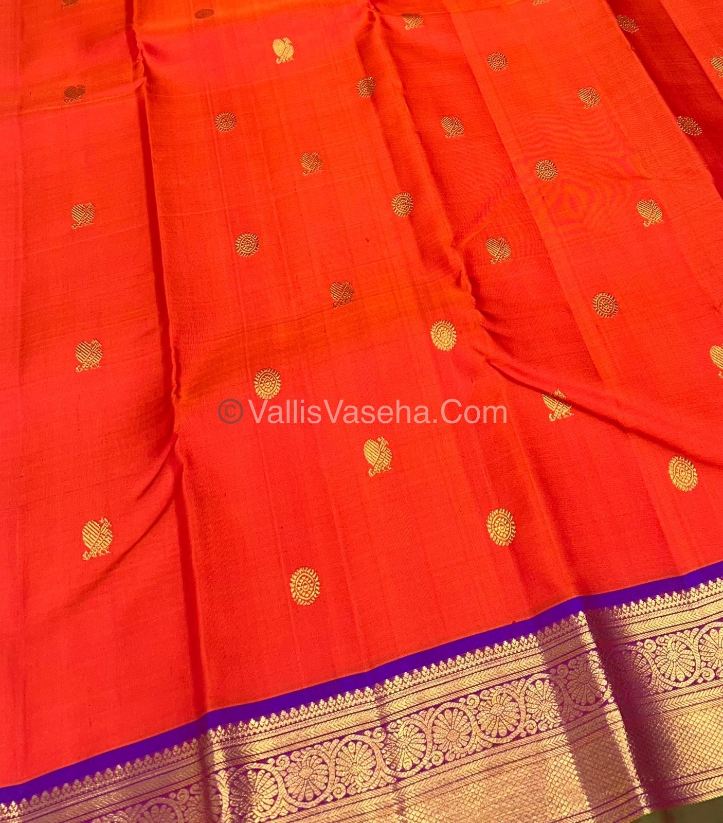 Pure Kanchipuram Silk Saree - Peachish Orange with Purple combo - VVPS011
