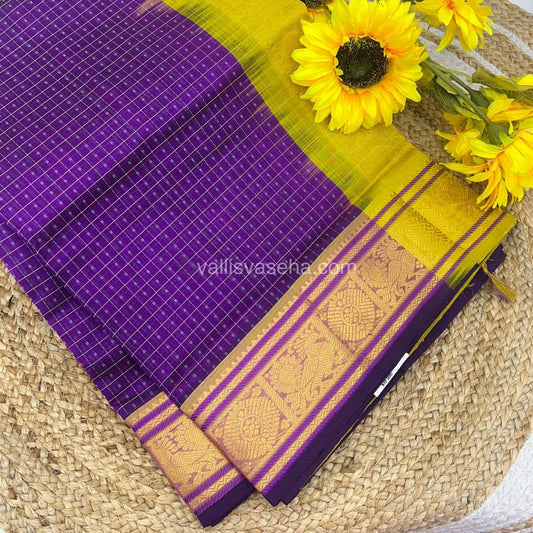 Pure Silk Cotton Saree - Blue With Yellow Shade - Lakshadeepam Design - VVPLD001
