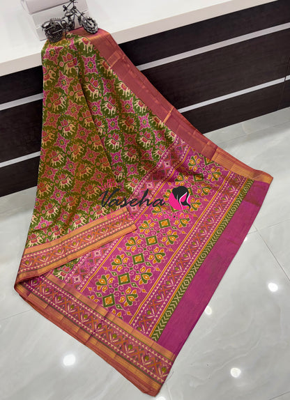 Semi Patola / Art Silk Saree - Green With Pink Combo - VVSPS001