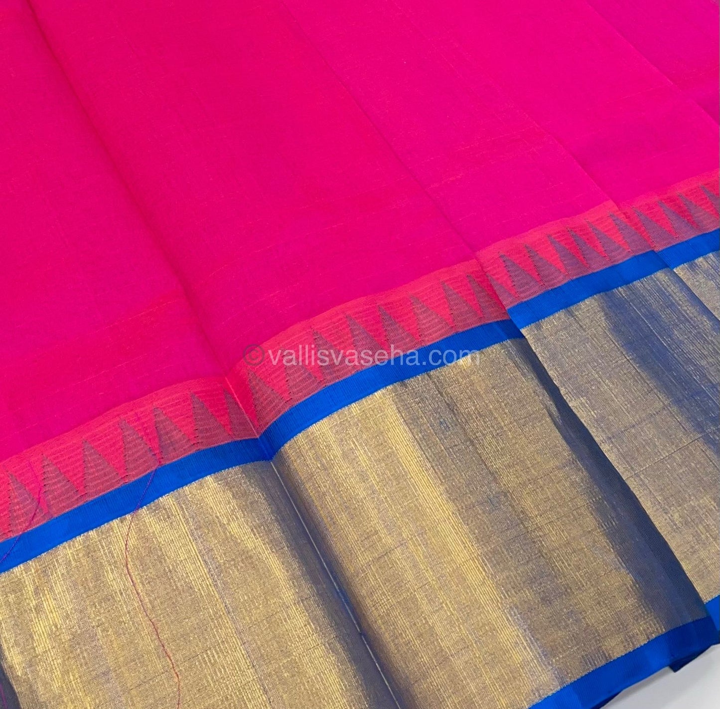 Pure Korvai Silk Cotton Saree - Peachish Pink with Light Blue Combo - Temple border - VVKSC001