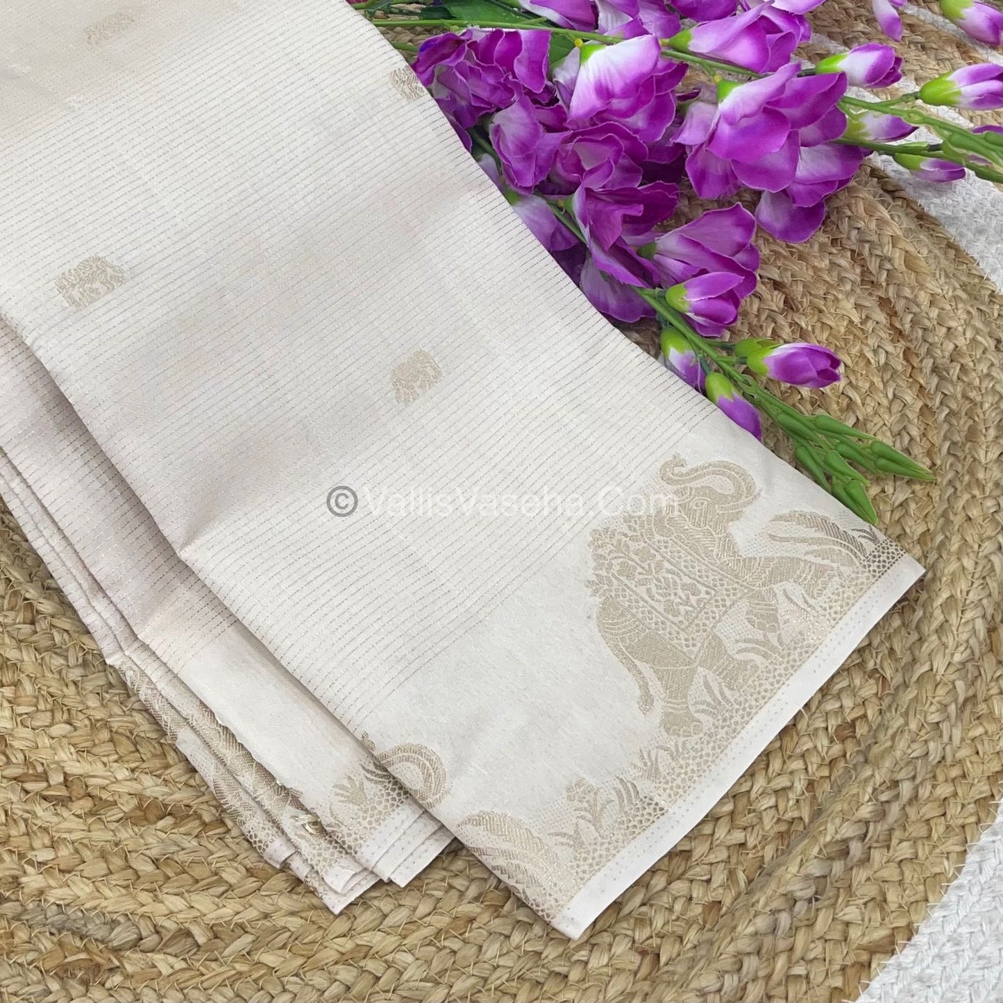 Semi Tussar Silk - Vairavoosi & Elephant Design -  Cream shade-VVSTS019