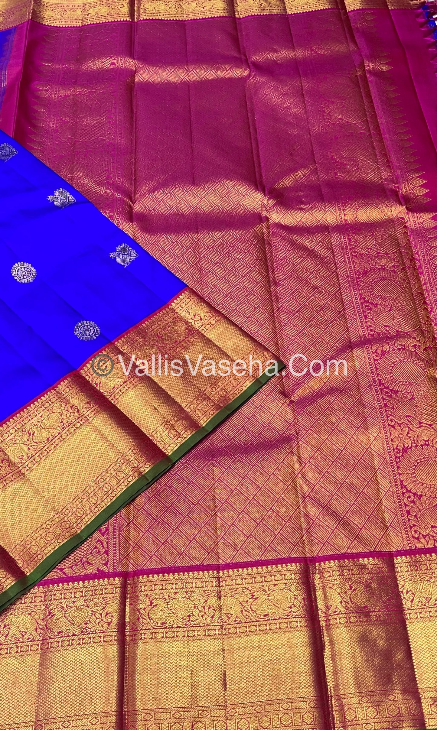 Pure Kanchipuram Silk Saree - Blue & Pink Combo - Korvai - VVPS014