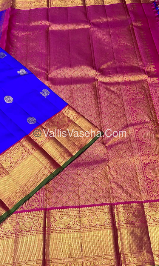 Pure Kanchipuram Silk Saree - Blue & Pink Combo - Korvai - VVPS014