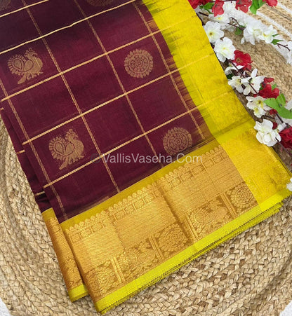 Pure Silk Cotton Saree - Mayil & Chakkaram Design - Maroon With Lemon Yellow Shade - VVMC001