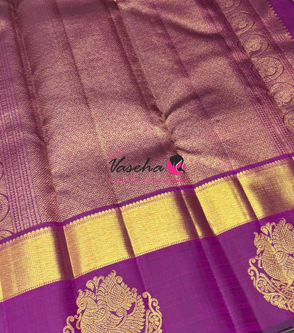 Pure Vintage Korvai Kanchipuram Silk Saree - Chikku / Light Grey & Purple Combo - VVPS006