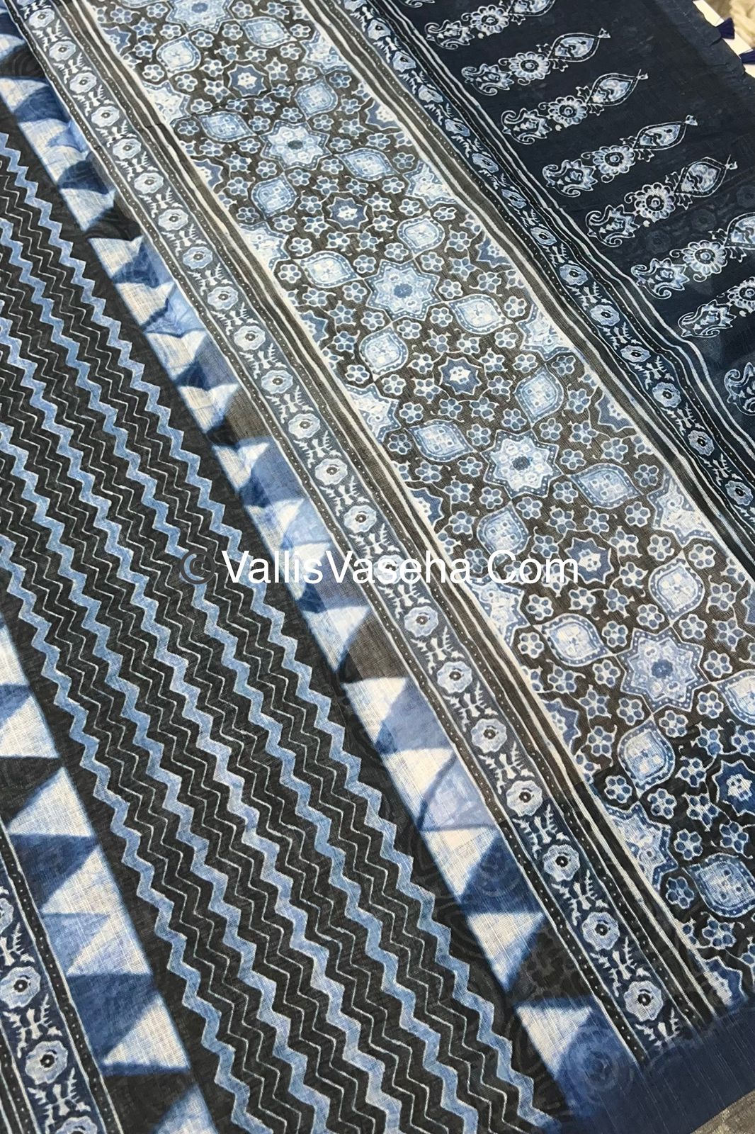 Linen Mixed Cotton Saree - Indigo Blue - Printed - VVLMP001