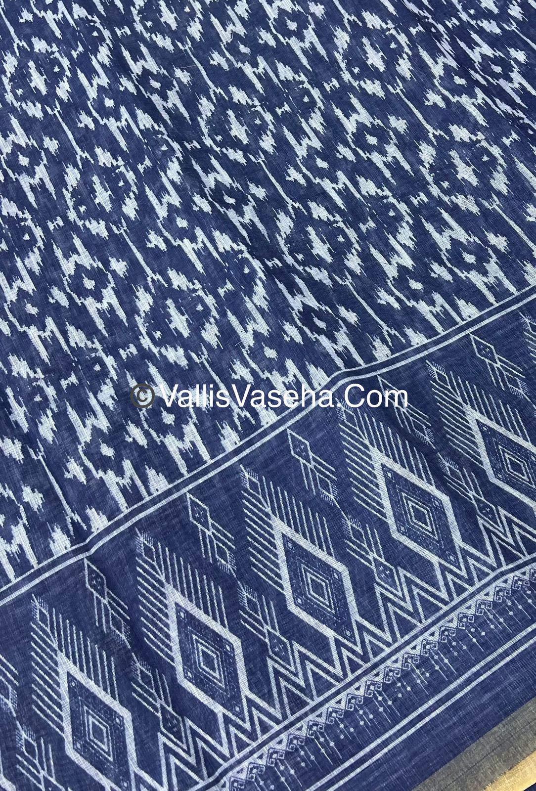 Linen Mixed Cotton Saree - Indigo Blue - Printed - VVLMP001