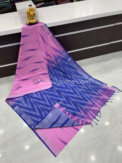 Bhagalpuri Linen Cotton Saree - Ikkat Print - Pink With Blue Shade - VVBLC002