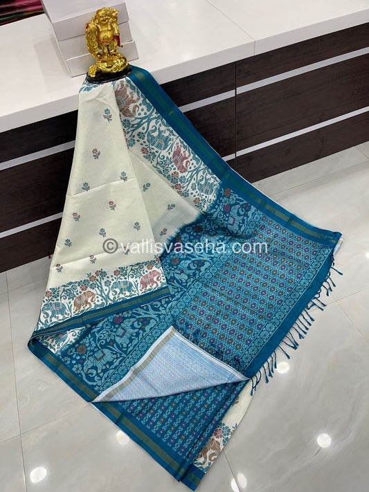 Semi Tussar / Semi Chappa Silk |Peacock Design | - Cream & Ramar Blue Combo - VVSTS018