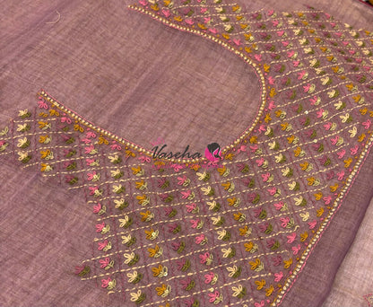 French Knot - Linen Tissue Saree - Light Lavendar Pink Shade - Heavy Work Blouse - VVLFN016