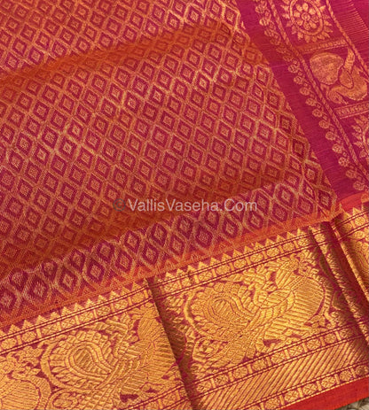 Pure Silk Cotton Saree - Vairavoosi checks - Mayil & Chakkaram - Maroon With Peach - VVMCV001
