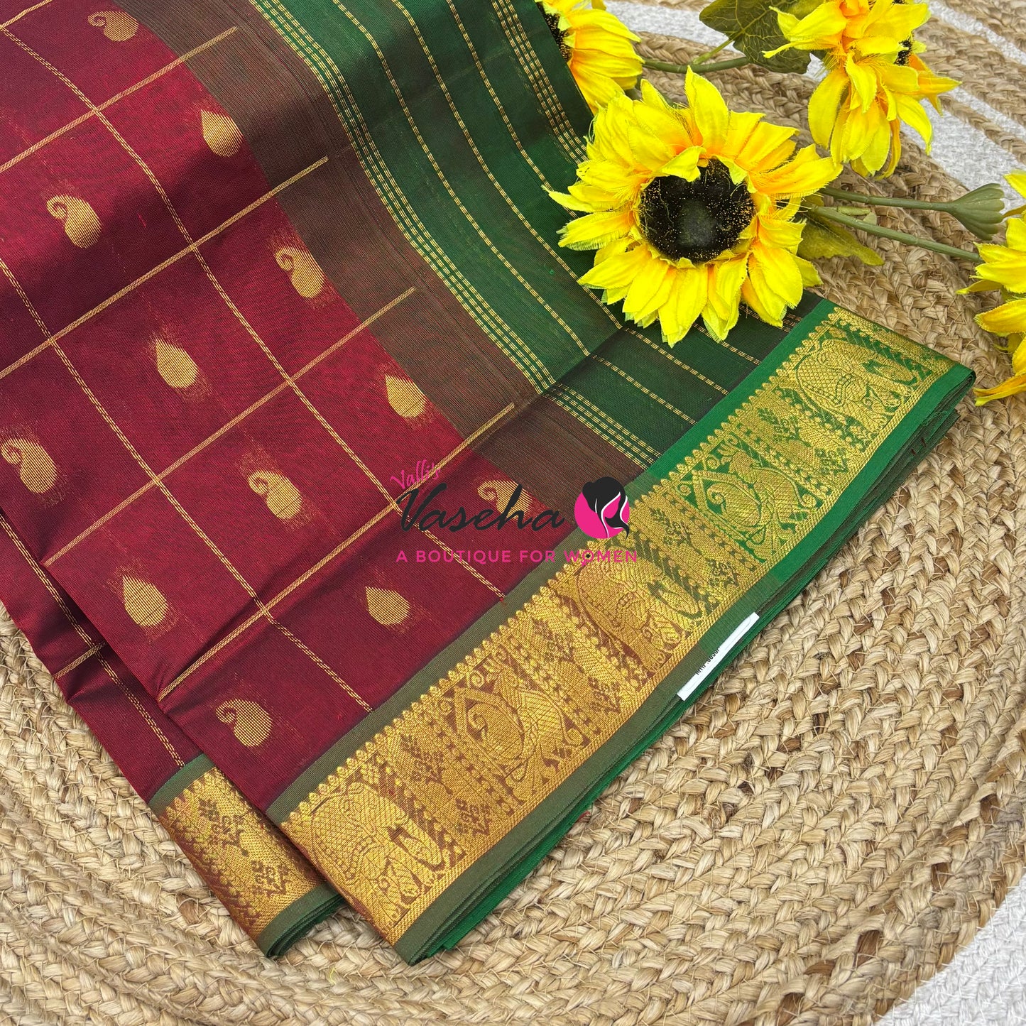 Pure silk  Cotton Saree - Checked Pattern with Butta - Maroon & Green Shade - VVSCC005