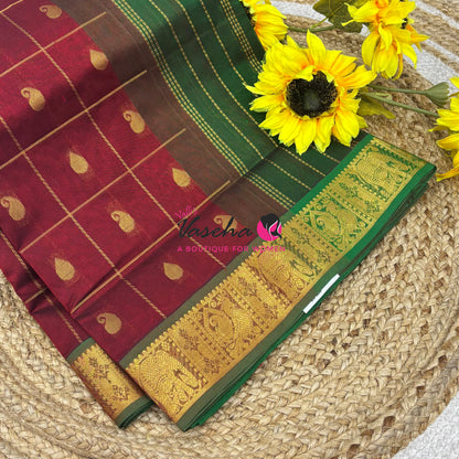 Pure silk  Cotton Saree - Checked Pattern with Butta - Maroon & Green Shade - VVSCC005