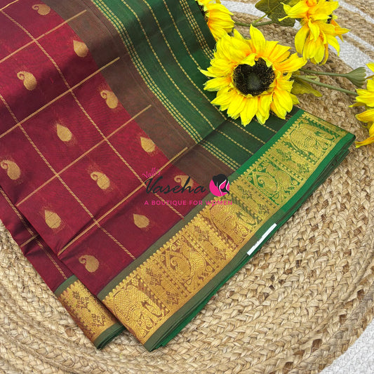Pure silk  Cotton Saree - Checked Pattern with Butta - Maroon & Green Shade - VVSCC005