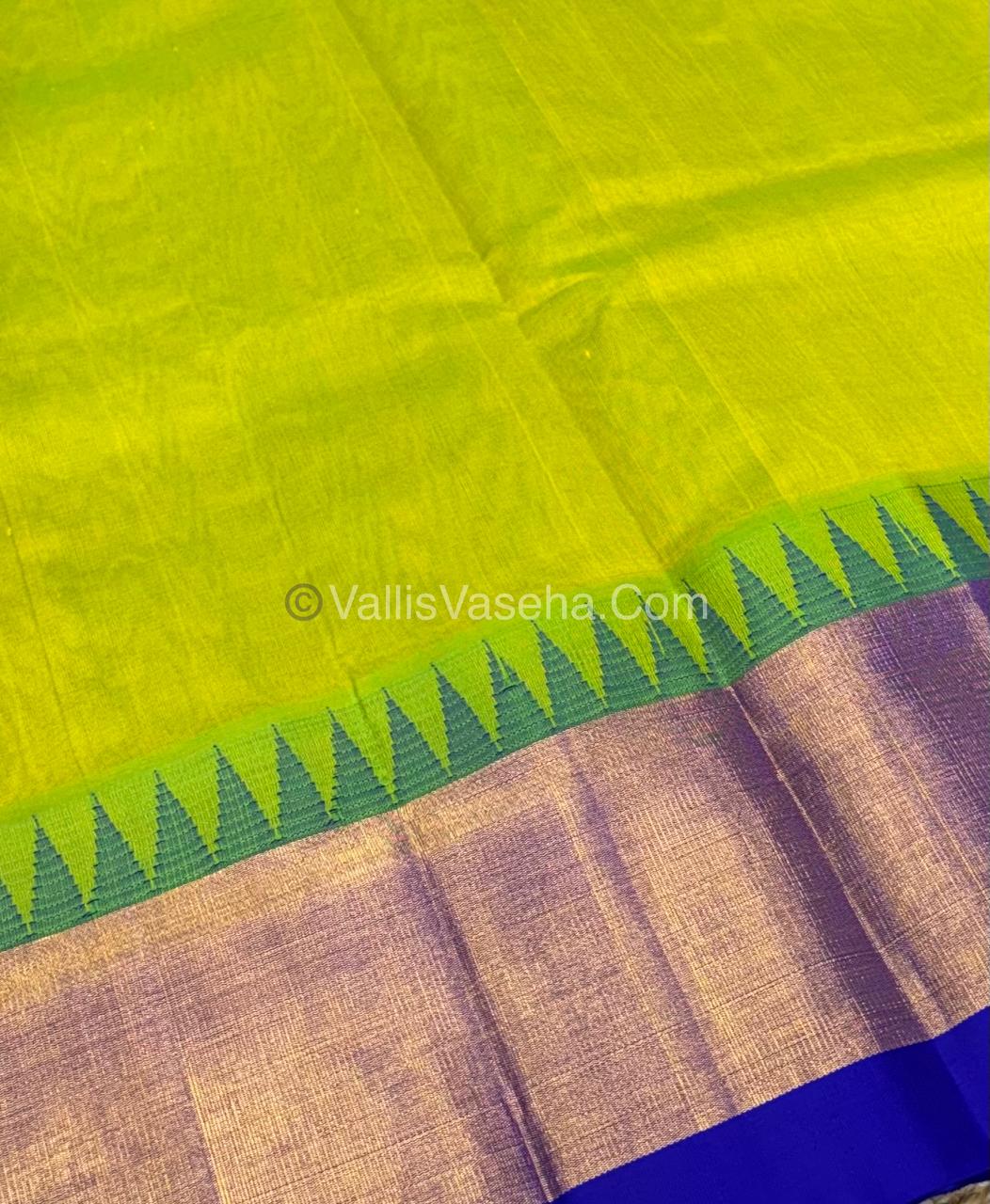 Pure Korvai Silk Cotton Saree -  Sneha Green With Blue Shade Temple border - VVKSC001