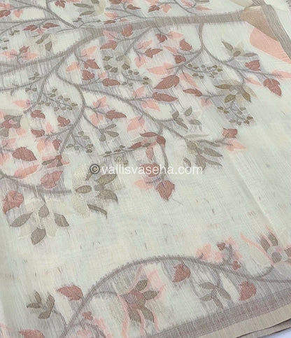 Semi Raw Silk with Jamdhani Design Weaving with Tree Design Pallu - Cream Shade - VVRS002