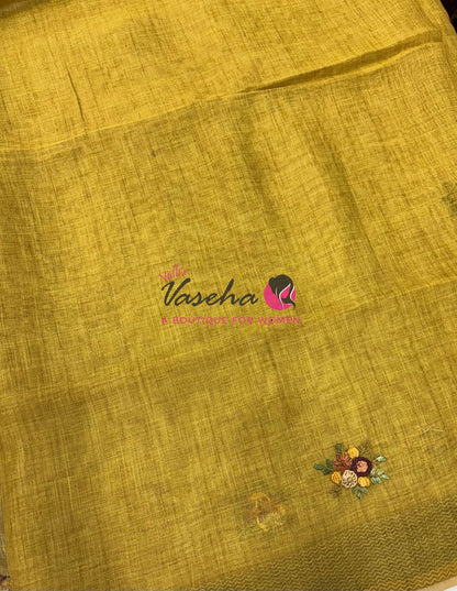 French Knot - Linen Tissue Saree - Mustard Greenish Yellow Shade - Heavy Work Blouse - VVLFN018