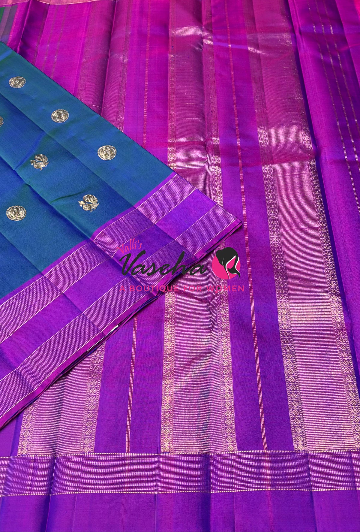Pure Kanchipuram Silk Saree - Peacock Blue With Purple Combo - VVPS022