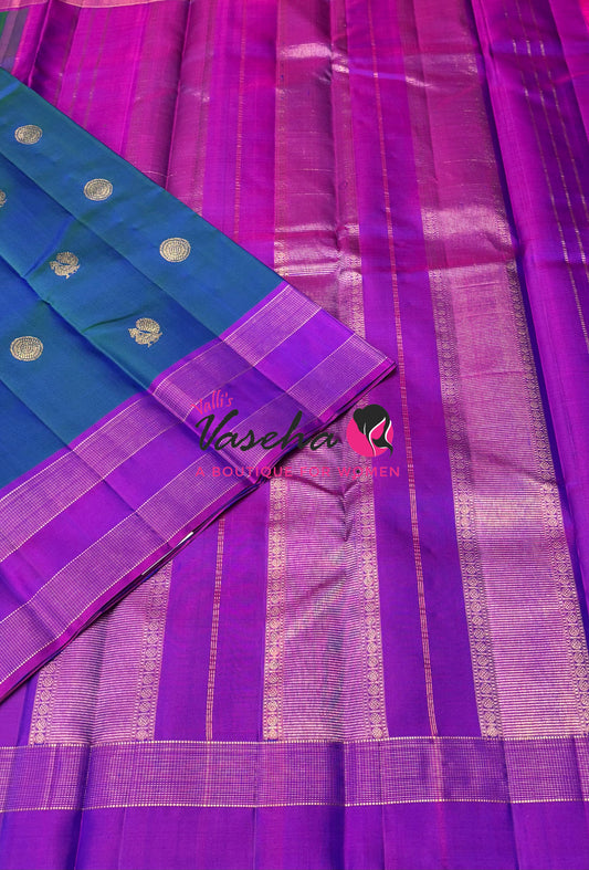 Pure Kanchipuram Silk Saree - Peacock Blue With Purple Combo - VVPS022