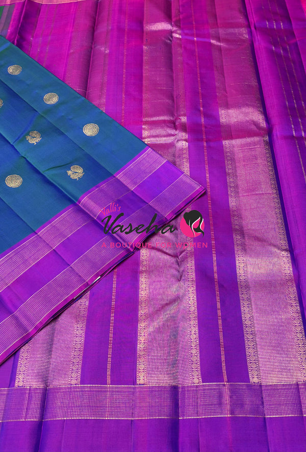 Pure Kanchipuram Silk Saree - Peacock Blue With Purple Combo - VVPS022