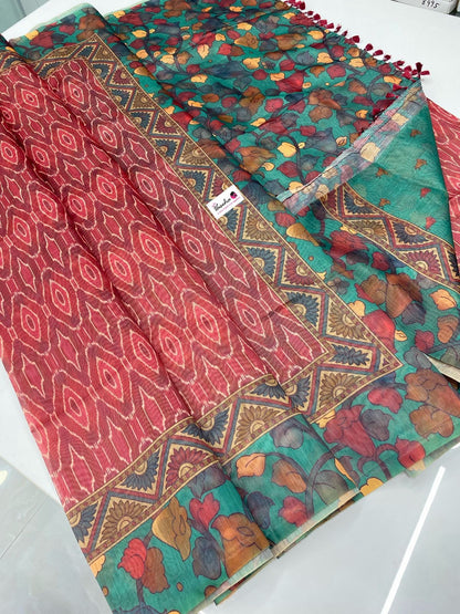 Chanderi Mixed Cotton Saree - Ikkat & kalamkari design  - VVCC002