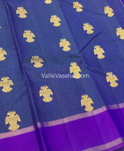 Pure Kanchipuram Silk Saree - Vaira Voosi design - Peacock Blue & Purplish Pink shade - VVPS014