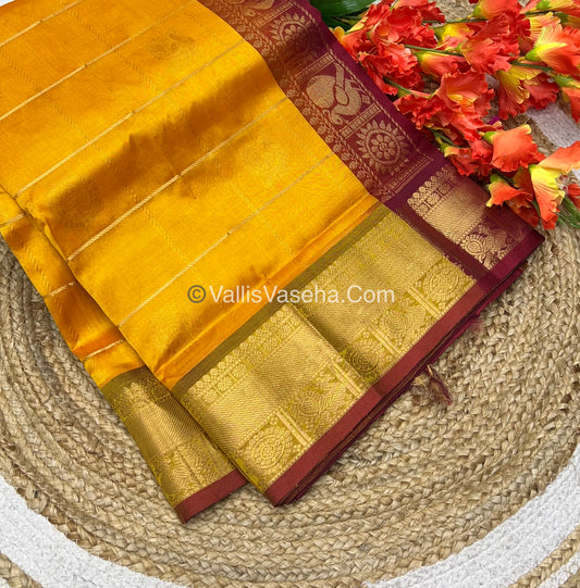 Pure Silk Cotton Saree - Mayil & Chakkaram Design - Mango Yellow & Red - VVMC001