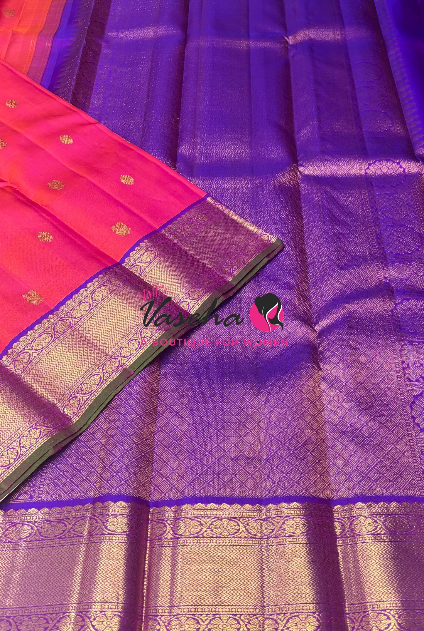 Pure Kanchipuram Silk Saree - Peachish Pink & Purple Combo - VVPS040