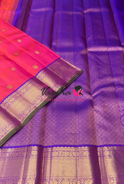 Pure Kanchipuram Silk Saree - Peachish Pink & Purple Combo - VVPS040