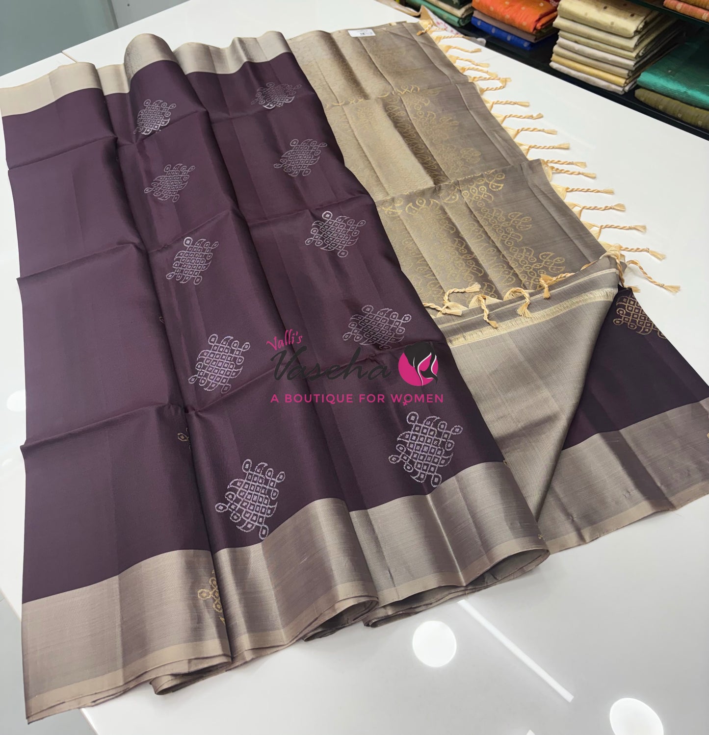 Pure Soft Silk Saree - (1.75 Warp) Kolam Design - Shade Of Brown & Grey Shade - VVPSS074