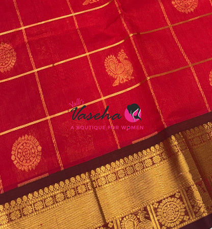Pure Silk Cotton Saree - Mayil & Chakkaram Design - Red With Brown Shade - VVMC001