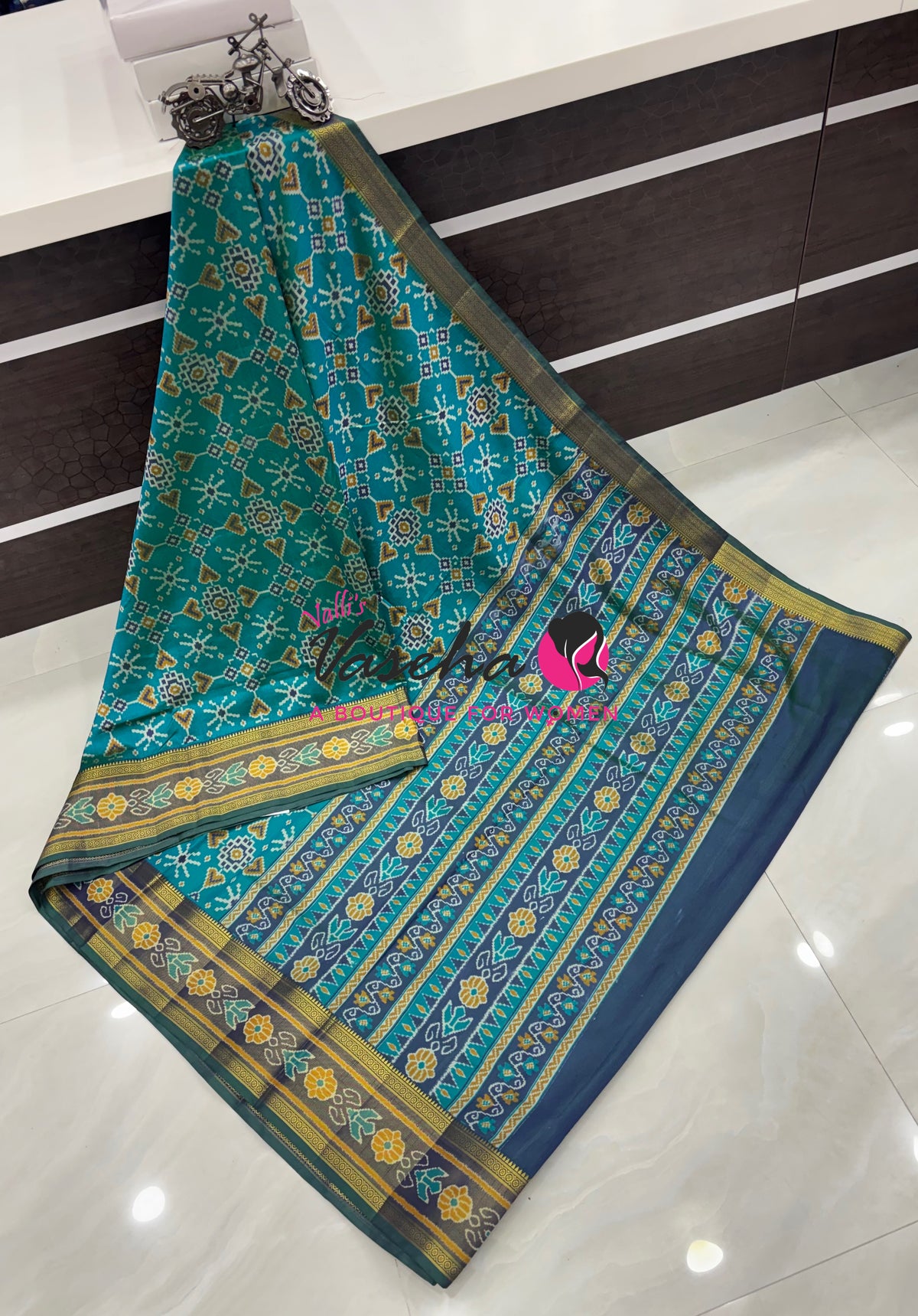 Semi Patola | Printed  Silk Saree - Light Blue With Peacock Blue Combo - VVSPS001
